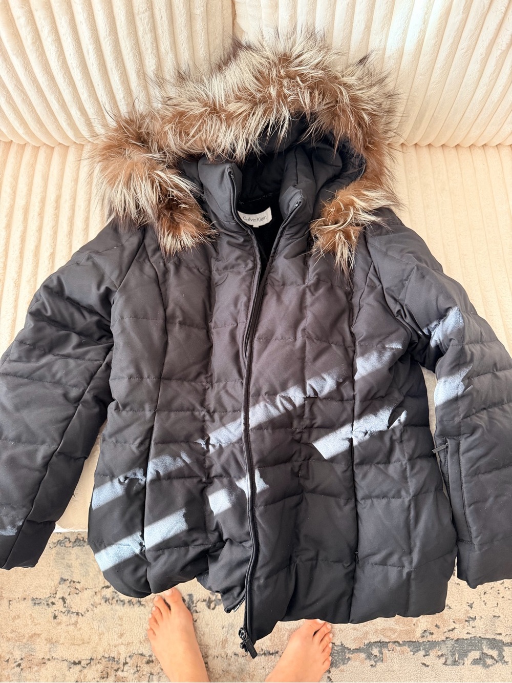 Woman’s Black Puffer Coat with Fur Hood
